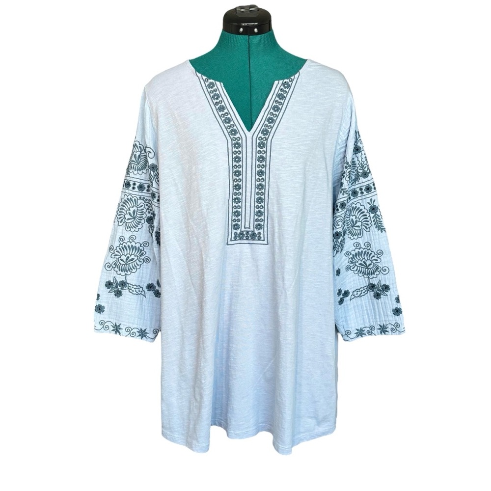Soft Surroundings Mireya Embroidered Gauze Top Blue